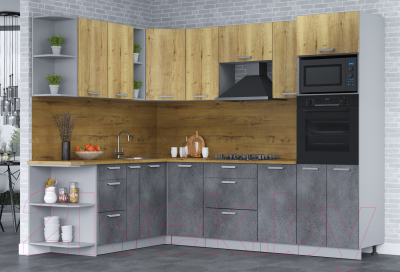 Кухонный гарнитур Интерлиния Мила Лайт 1.88х2.6 левая (дуб золотой/бетон портленд/дуб бунратти)