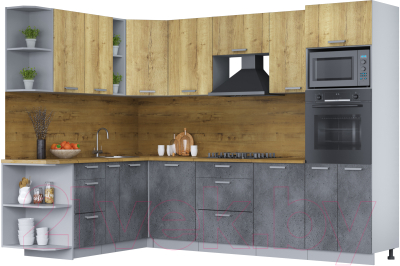 Кухонный гарнитур Интерлиния Мила Лайт 1.88х2.8 левая (дуб золотой/бетон портленд/дуб бунратти) - фото