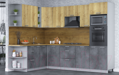 Кухонный гарнитур Интерлиния Мила Лайт 1.88х2.8 левая (дуб золотой/бетон портленд/дуб бунратти)