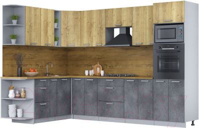 Кухонный гарнитур Интерлиния Мила Лайт 1.88х3.0 левая (дуб золотой/бетон портленд/дуб бунратти) - фото