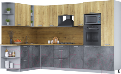 Кухонный гарнитур Интерлиния Мила Лайт 1.88х3.2 левая (дуб золотой/бетон портленд/дуб бунратти) - фото