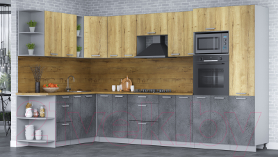 Кухонный гарнитур Интерлиния Мила Лайт 1.88х3.4 левая (дуб золотой/бетон портленд/дуб бунратти)