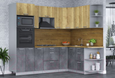 Кухонный гарнитур Интерлиния Мила Лайт 1.68х2.4 правая (дуб золотой/бетон портленд/дуб бунратти)