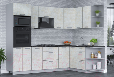 Кухонный гарнитур Интерлиния Мила Лайт 1.68х2.6 правая (бетон лайт/бетон лайт/кастилло темный)