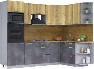 Кухонный гарнитур Интерлиния Мила Лайт 1.68х2.6 правая (дуб золотой/бетон портленд/дуб бунратти) - фото