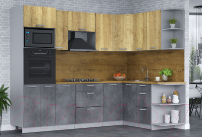 Кухонный гарнитур Интерлиния Мила Лайт 1.68х2.6 правая (дуб золотой/бетон портленд/дуб бунратти)