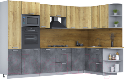 Кухонный гарнитур Интерлиния Мила Лайт 1.68х3.2 правая (дуб золотой/бетон портленд/дуб бунратти) - фото