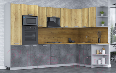 Кухонный гарнитур Интерлиния Мила Лайт 1.68х3.2 правая (дуб золотой/бетон портленд/дуб бунратти)