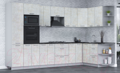 Кухонный гарнитур Интерлиния Мила Лайт 1.68х3.4 правая (бетон лайт/бетон лайт/кастилло темный)