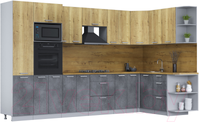 Кухонный гарнитур Интерлиния Мила Лайт 1.68х3.4 правая (дуб золотой/бетон портленд/дуб бунратти) - фото