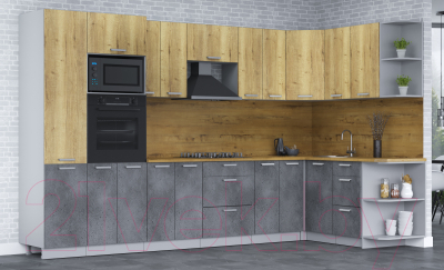 Кухонный гарнитур Интерлиния Мила Лайт 1.68х3.4 правая (дуб золотой/бетон портленд/дуб бунратти)