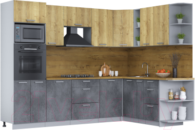 Кухонный гарнитур Интерлиния Мила Лайт 1.88х2.8 правая (дуб золотой/бетон портленд/дуб бунратти) - фото