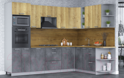 Кухонный гарнитур Интерлиния Мила Лайт 1.88х2.8 правая (дуб золотой/бетон портленд/дуб бунратти)