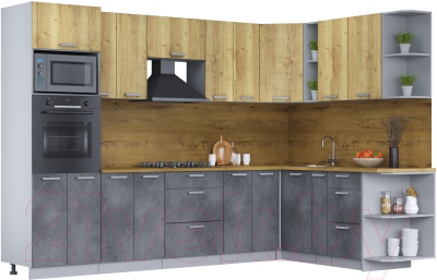 Кухонный гарнитур Интерлиния Мила Лайт 1.88х3.0 правая (дуб золотой/бетон портленд/дуб бунратти) - фото