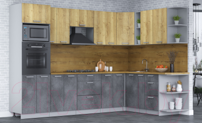 Кухонный гарнитур Интерлиния Мила Лайт 1.88х3.0 правая (дуб золотой/бетон портленд/дуб бунратти)
