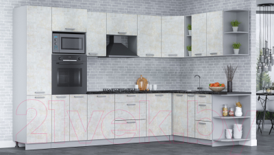 Кухонный гарнитур Интерлиния Мила Лайт 1.88х3.2 правая (бетон лайт/бетон лайт/кастилло темный)