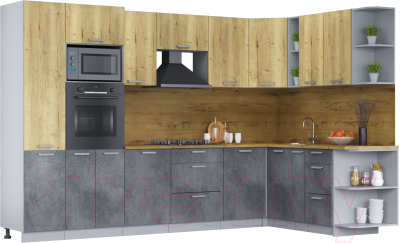 Кухонный гарнитур Интерлиния Мила Лайт 1.88х3.2 правая (дуб золотой/бетон портленд/дуб бунратти) - фото