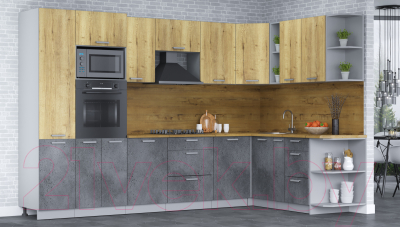 Кухонный гарнитур Интерлиния Мила Лайт 1.88х3.2 правая (дуб золотой/бетон портленд/дуб бунратти)