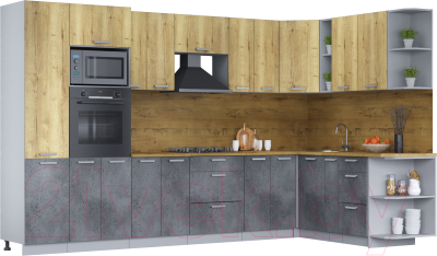 Кухонный гарнитур Интерлиния Мила Лайт 1.88х3.4 правая (дуб золотой/бетон портленд/дуб бунратти) - фото