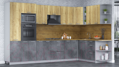 Кухонный гарнитур Интерлиния Мила Лайт 1.88х3.4 правая (дуб золотой/бетон портленд/дуб бунратти)