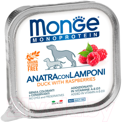 Влажный корм для собак Monge Natural Monoprotein Fruits из утки с малиной, ламистер - фото