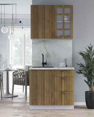 Кухонный гарнитур Интерлиния Берес 0.9А (дуб вотан/дуб вотан/серый каспий)