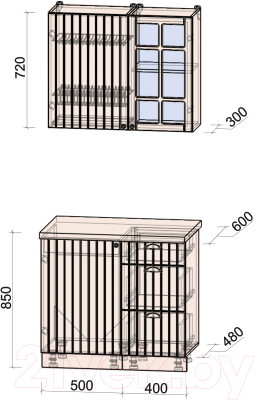 Кухонный гарнитур Интерлиния Берес 0.9А (дуб вотан/дуб вотан/серый каспий)