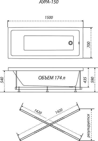 Ванна акриловая Triton Аура 150x70 New (с каркасом и сифоном)