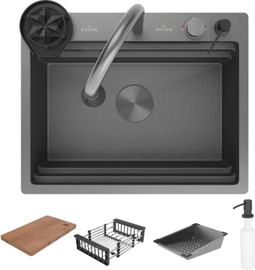 Мойка кухонная со смесителем Roxen Stage Plus 560250-60BS многофункциональная 8 в 1 (графит текстурный) - фото