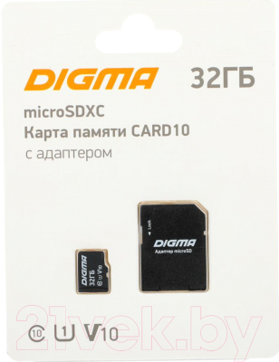 Карта памяти Digma microSDHC 32GB Class 10 CARD10 + adapter / DGFCA032A01 - фото