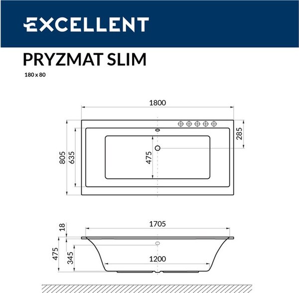 Ванна акриловая Excellent Pryzmat Slim 180x80