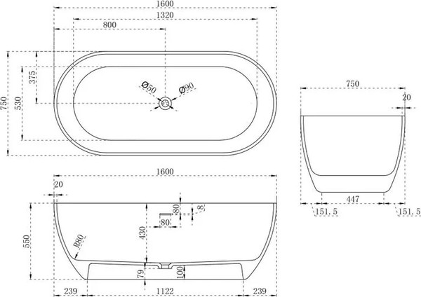 Ванна из искусственного камня Abber Stein AS9613-1.6
