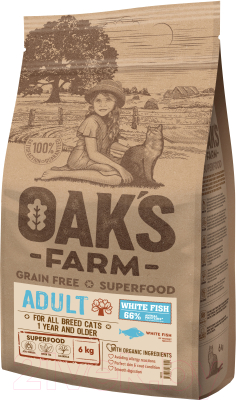 Сухой корм для кошек Oak's Farm Беззерновой для взрослых кошек. Белая рыба - фото