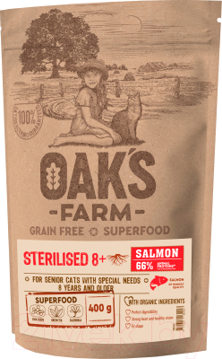 Сухой корм для кошек Oak's Farm Беззерновой для зрелых стерилизованных кошек. Лосось - фото
