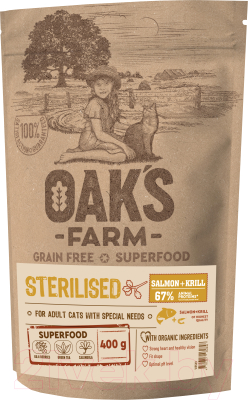 Сухой корм для кошек Oak's Farm Беззерновой для взрослых стерилизованных кошек. Лосось и криль - фото