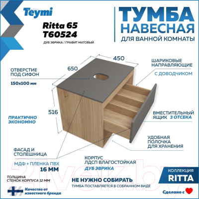 Тумба под умывальник Teymi Ritta 65 / T60524 (дуб эврика/графит матовый)