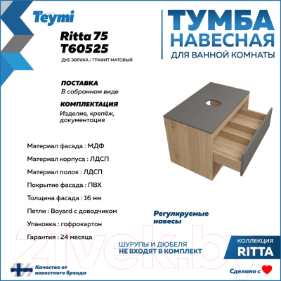 Тумба под умывальник Teymi Ritta 75 / T60525 (дуб эврика/графит матовый)