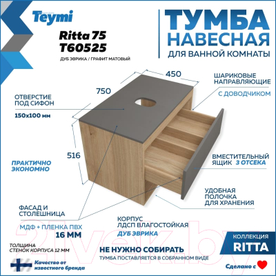 Тумба под умывальник Teymi Ritta 75 / T60525 (дуб эврика/графит матовый)