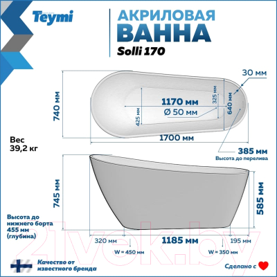 Ванна акриловая Teymi Solli 170x74x75 / T130110 (черный матовый)