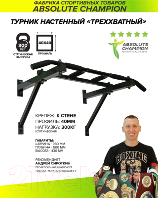 Турник Absolute Champion Треххватный к стене Maх