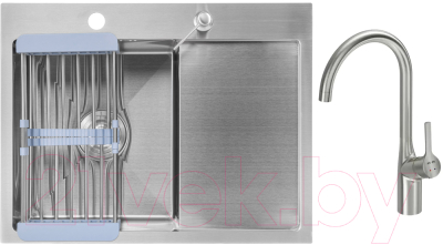 Мойка кухонная со смесителем Saniteco 6550-L + Spike F9S07011 (сатин, с сифоном, дозатором и коландером) - фото