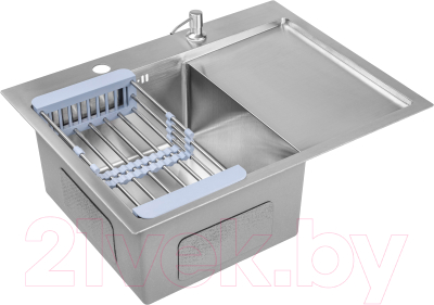 Мойка кухонная со смесителем Saniteco 6550-L + Spike F9S07011 (сатин, с сифоном, дозатором и коландером)