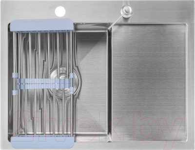 Мойка кухонная со смесителем Saniteco 6550-L + Spike F9S07011 (сатин, с сифоном, дозатором и коландером)