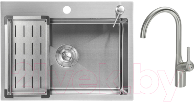 Мойка кухонная со смесителем Saniteco 6045 + Spike F9S07011 (сатин, с сифоном, дозатором и коландером) - фото