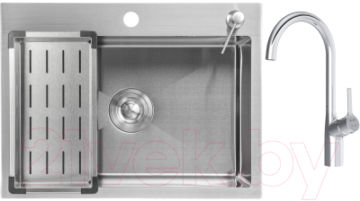 Мойка кухонная со смесителем Saniteco 6045 + Spike F9S07000 (хром, с сифоном, дозатором и коландером) - фото