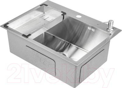 Мойка кухонная со смесителем Saniteco 6045 + Spike F9S07000 (хром, с сифоном, дозатором и коландером)