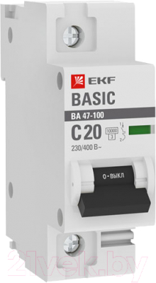 Выключатель автоматический EKF Basic ВА 47-100 1P 20А (C) 10kA / mcb47100-1-20C-bas - фото