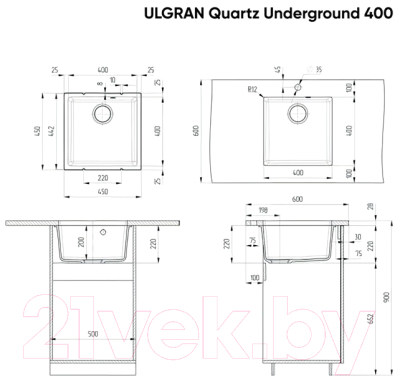 Мойка кухонная Ulgran Quartz Underground 400