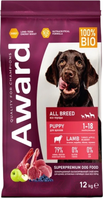 Сухой корм для собак Award Puppy All Breed с ягненком и индейкой с доб. яблока и черники - фото