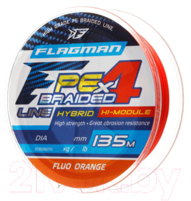 Леска плетеная Flagman Fishing PE Hybrid F4 135m FluoOrange 0.08мм 3.6кг/8lb / 28135-008 - фото